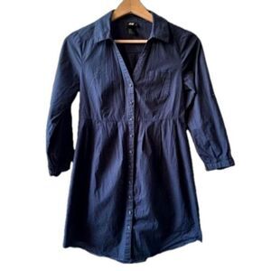 H&M blue shirt dress tunic size 2 front button button down casual trendy office